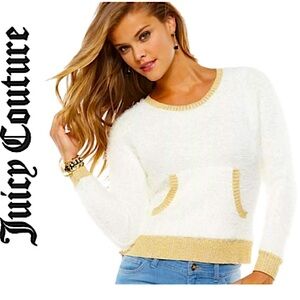 JUICY COUTURE.NWT.Gorgeous white w/ gold trim eyelash sweater.Kangaroo pocket.XL